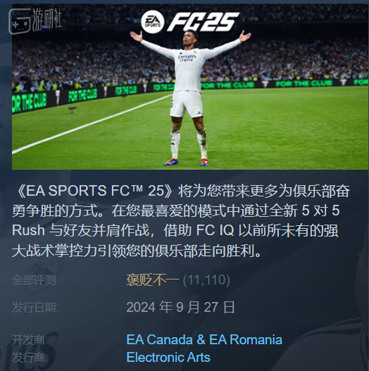 《FC 25》的Steam评价，跟《FIFA》系列如出一辙的褒贬不一